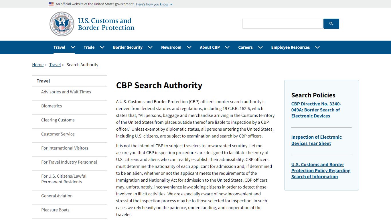 CBP Search Authority | U.S. Customs and Border Protection