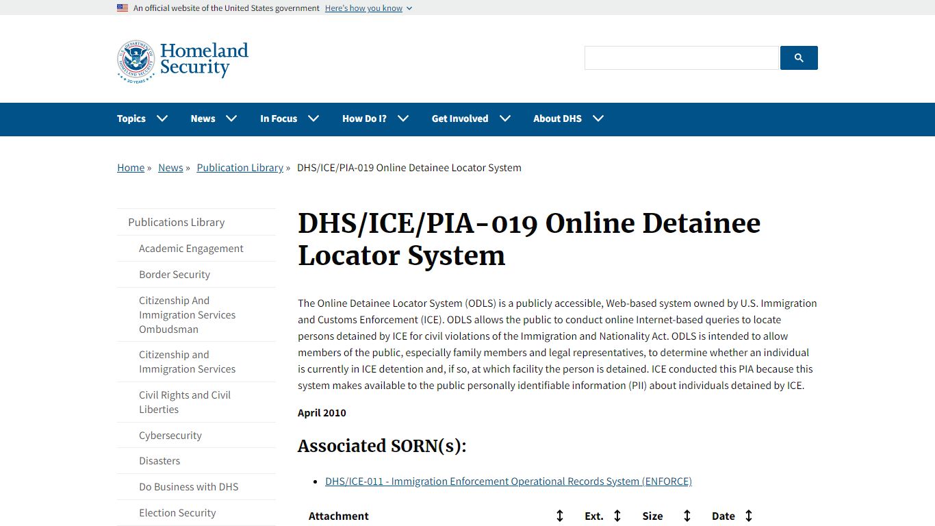 DHS/ICE/PIA-019 Online Detainee Locator System